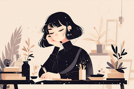 在煮沸前毛豆一位女性在桌子前写字插画