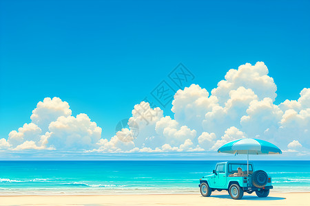 蓝天海滩海滩上的吉普车插画