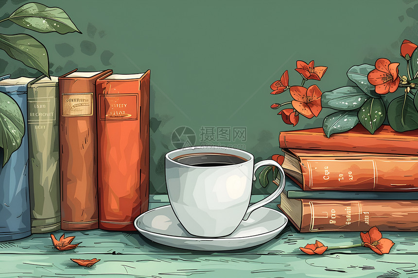 咖啡和一堆书籍图片