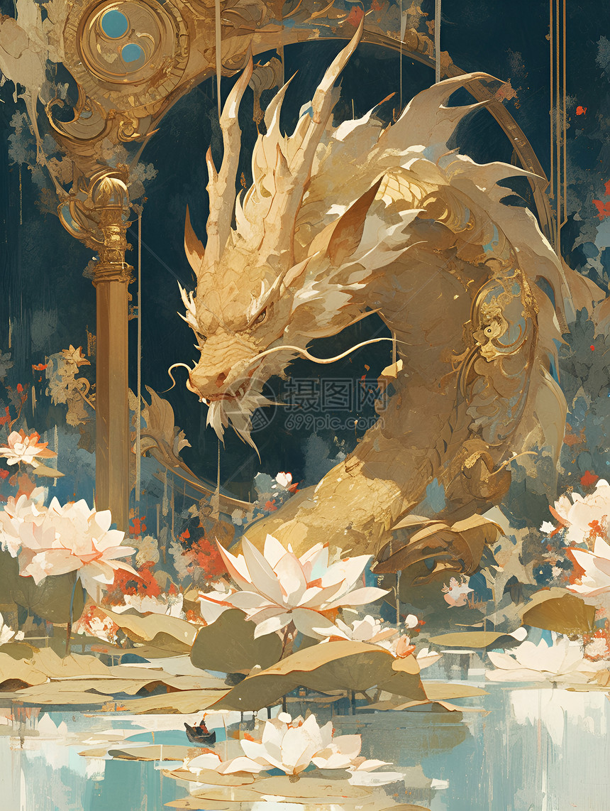 莲花池里的金色巨龙图片