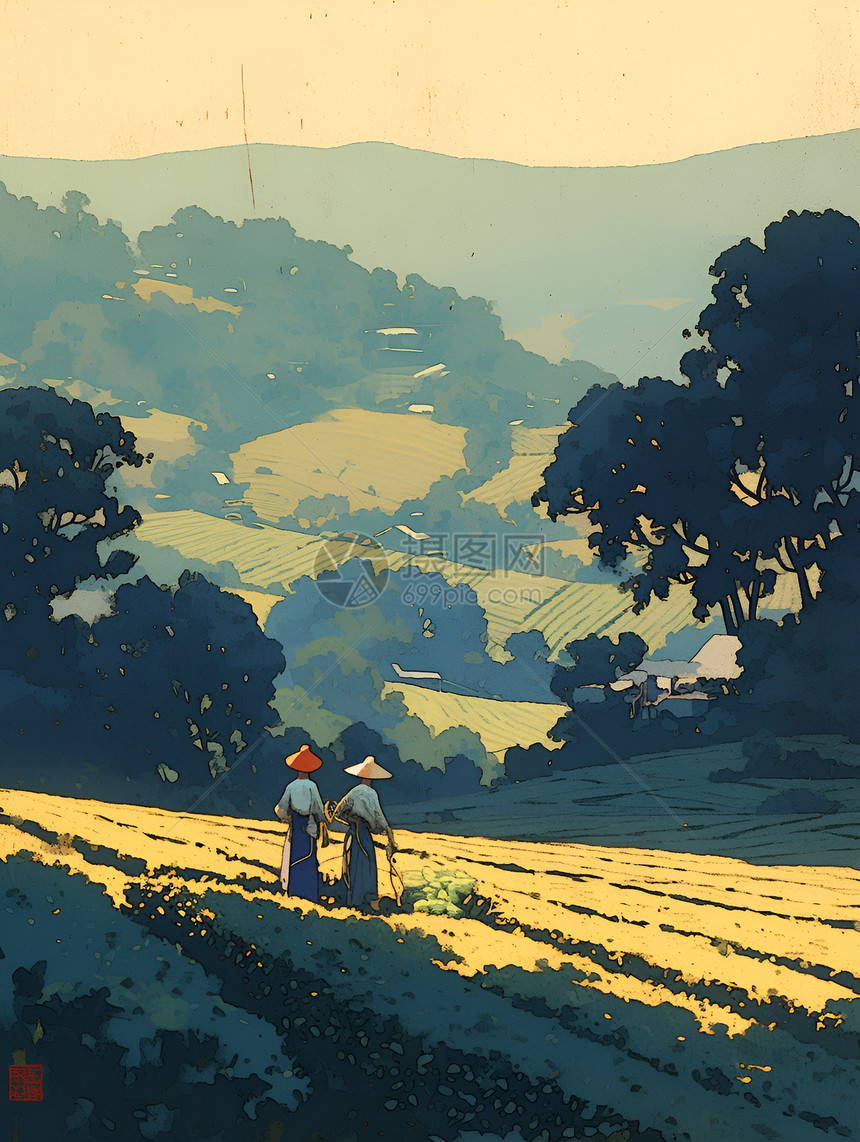 山坡中采茶的农民插画图片