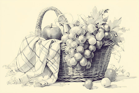 苹果篮子素描的果篮插画