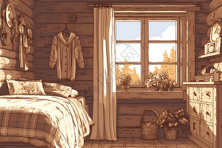 破旧卧室舒适小木屋插画