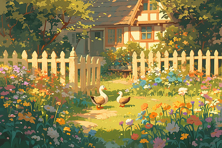 自然花草花园草地上的鸭子插画