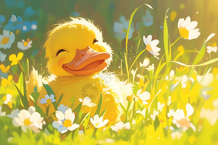 可爱黄色小鸭子阳光照耀下一只黄色小鸭子插画