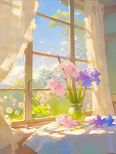 阳光主卧阳光下的花朵插画
