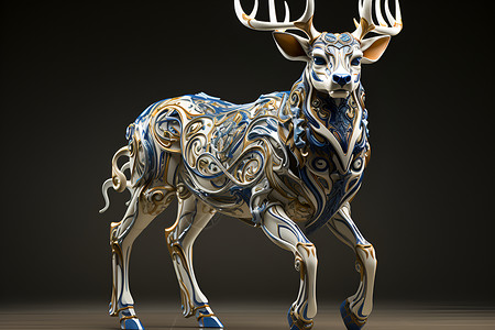 陶瓷工艺品蓝白鹿雕塑插画