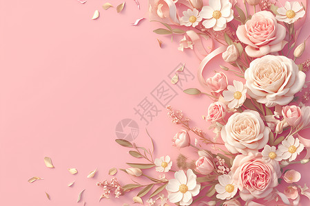 粉色清新花瓣粉色背景上的花朵插画