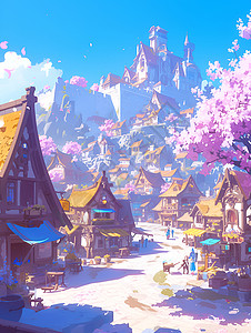 粉色樱花下的村庄背景图片