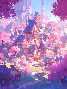 粉色樱花下的童话村庄背景图片