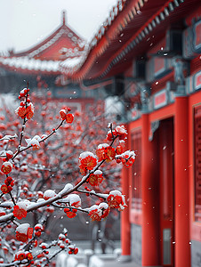 梅花管冬日红墙美化雪景背景