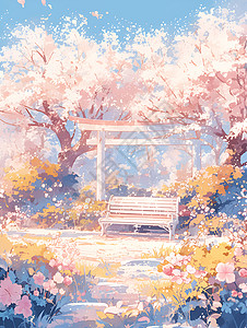 公园木椅公园的桃花盛开插画