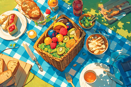 蒲垫野餐的水果篮插画