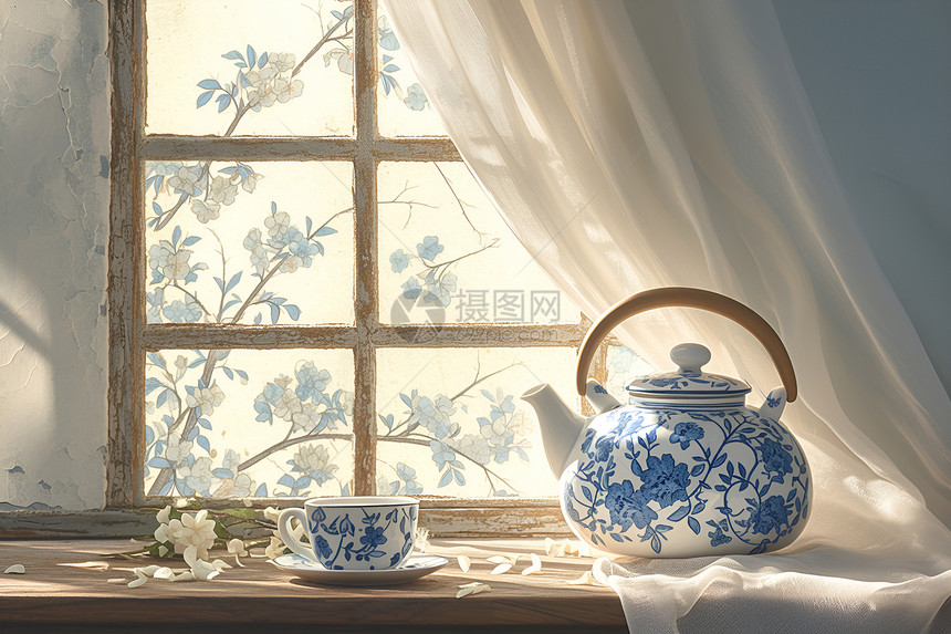 窗台上的陶瓷茶壶图片