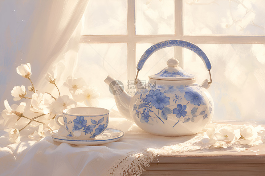 窗台上的茶壶图片