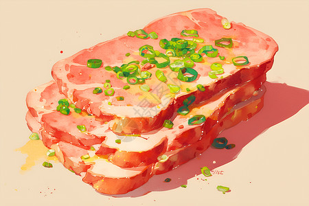 酸菜肉片带着葱花的肉片插画
