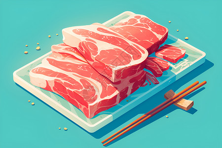 筷子夹牛肉美味的牛肉插画
