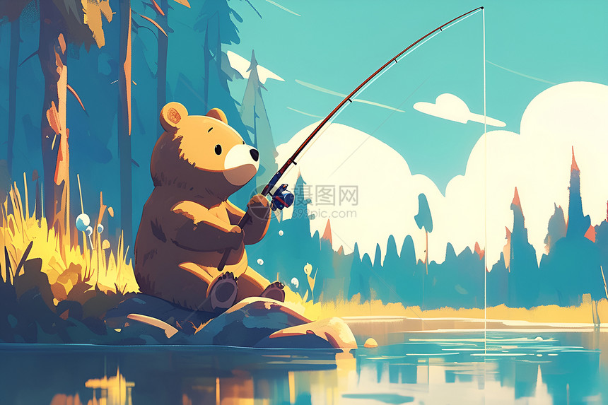 湖边钓鱼的棕色小熊图片