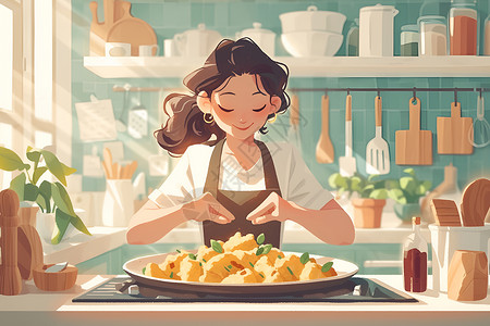 美食烹饪现代厨房里的女人插画