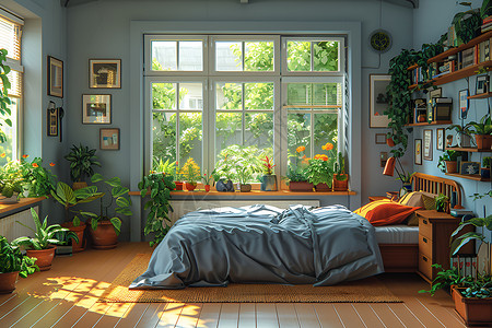 窗户和盆栽双人床和盆栽插画