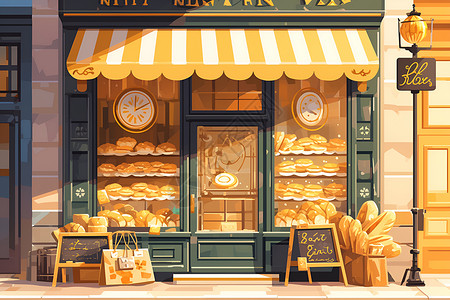 橱窗展示店铺橱窗中的甜品插画