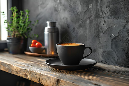 木桌上的黑咖啡背景图片