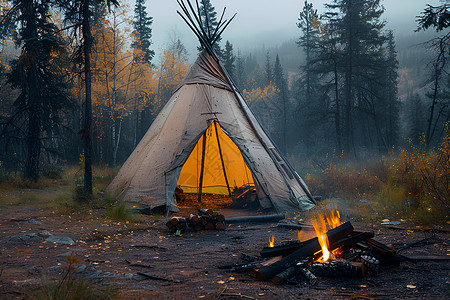 柴火堆荒野中的帐篷背景