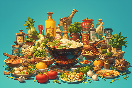 茶树菇食材展示的食材和调味料插画