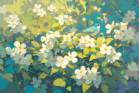 花艺制作燕子与白花的春日绘画插画