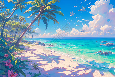 海岸边的椰子树背景图片