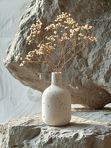 手工制作的花岗岩与一束干花花瓶高清图片