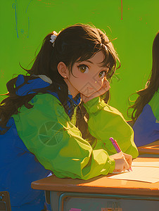 坐着读书的女孩生机勃勃的绿色背景前坐着一个学生插画