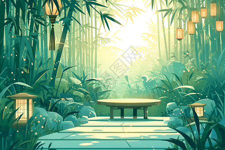 竹林中的桌子背景图片