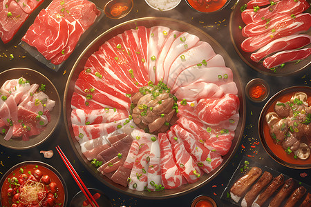 花菜肉片火锅中的牛肉食物插画