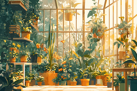 温室里茂盛的植物插画
