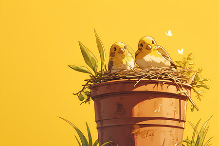 牡丹花上的小鸟花盆上的鸟巢插画