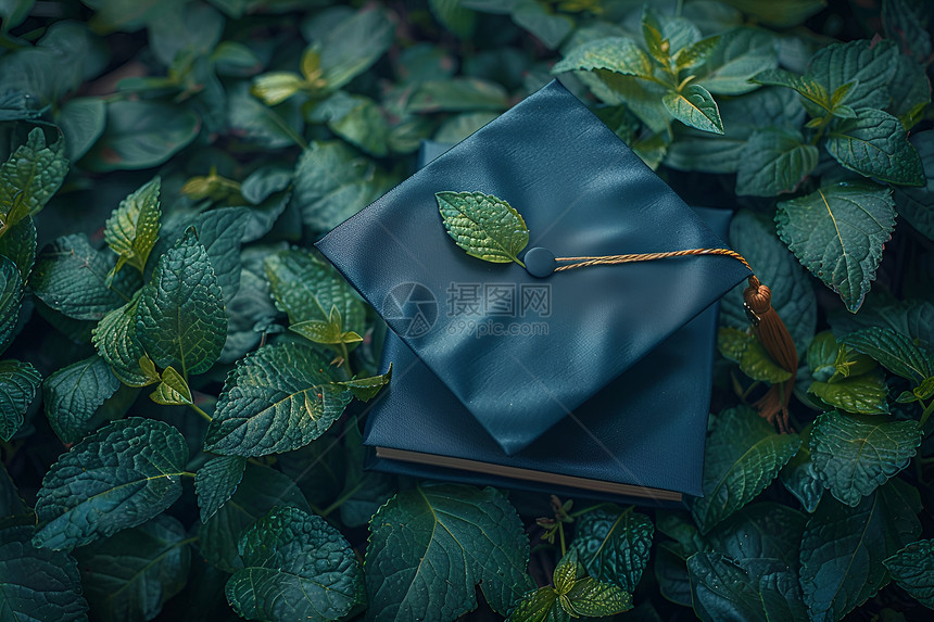 绿叶间的学士帽和证书图片