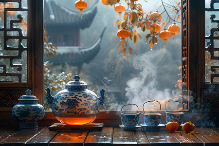 窗台上的茶具高清图片