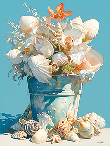 装满贝壳的花盆背景图片