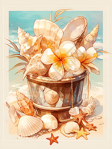 贝壳点缀的花盆背景图片