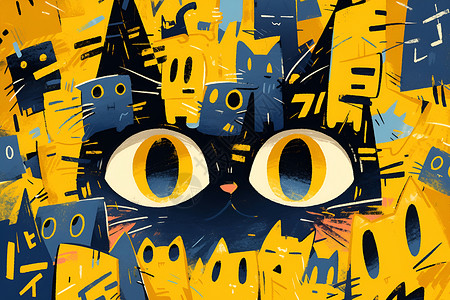 黄色调的猫咪涂鸦背景图片