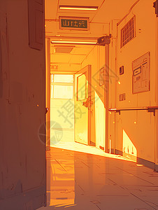 铝幕墙阳光洒进走廊插画