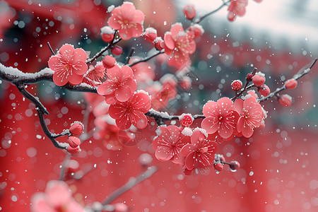 雪中的梅花窗边雪景图片素材