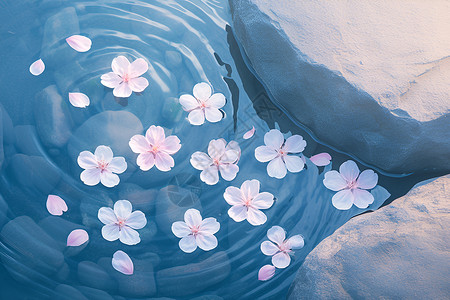 关山樱樱花瓣点缀的水池插画