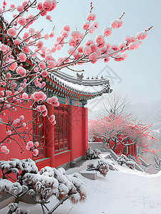 红梅边框冬日的故宫背景