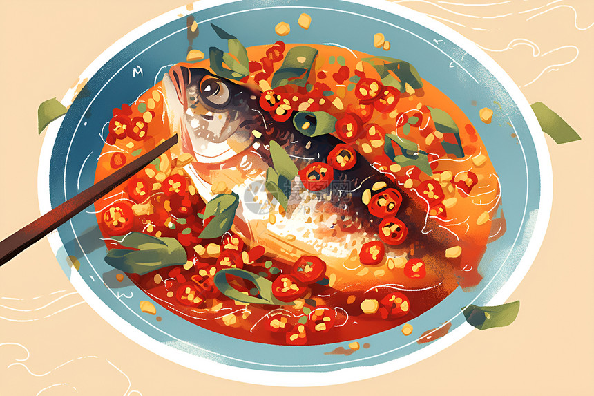 辣椒蒸鱼插画图片