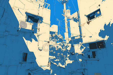 城市白模蓝白时钟塔与城市插画