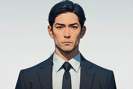 黑色领带穿着黑色服装的亚洲男子人物插画