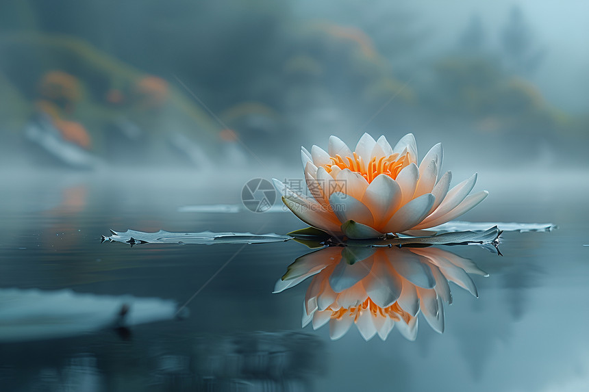 静谧池塘中漂浮一朵美丽花朵图片