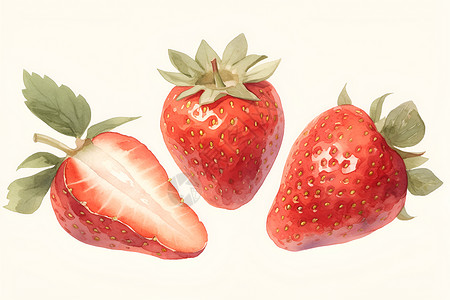 水彩艺术三颗草莓高清图片